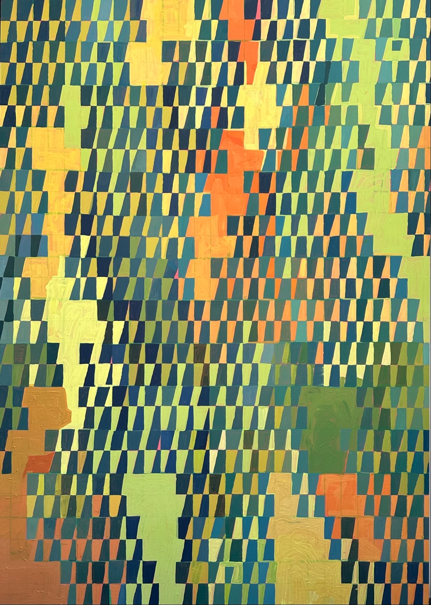 Acrylic painting: repeating can shapes in blue, green, yellow and orange.