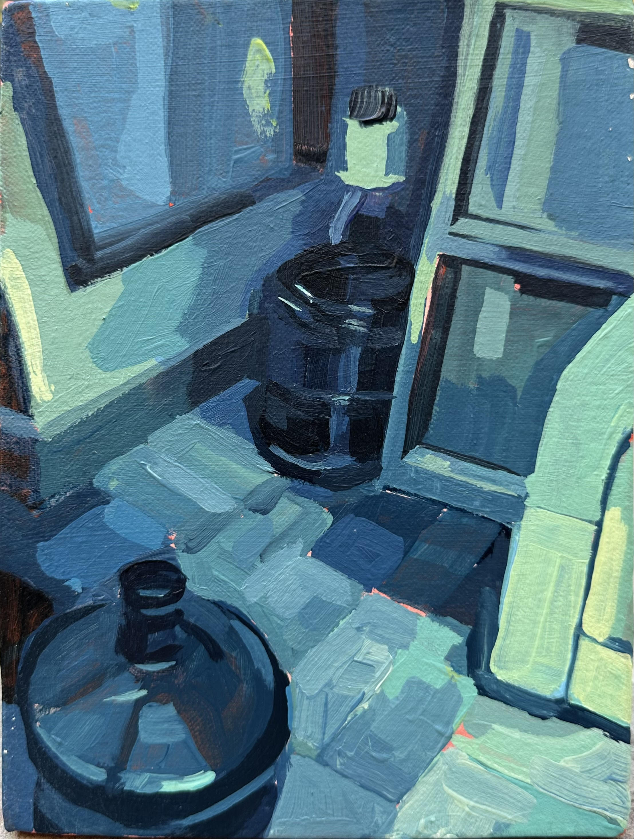 Small acrylic painting of domestic objects, photographed against a plain ground.