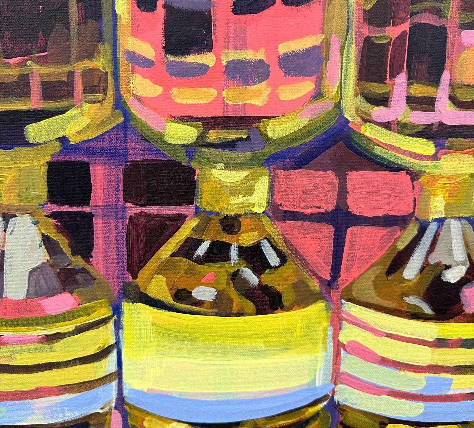 Second view of the repeating vessel forms in yellow, pink and purple.