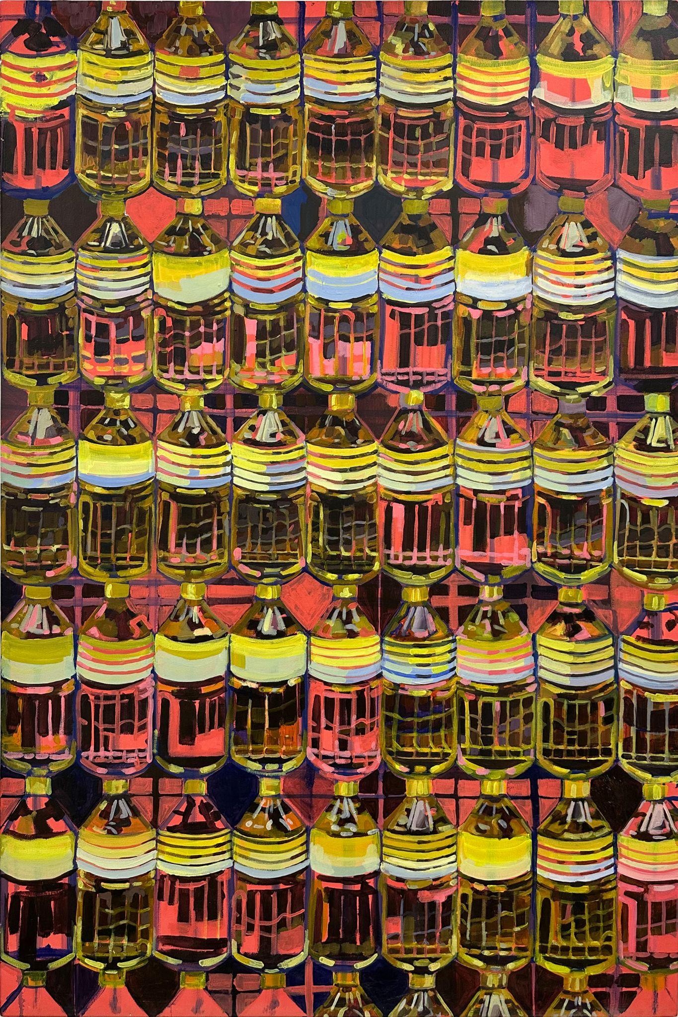 Acrylic painting of rows of oil bottles filling the canvas.
