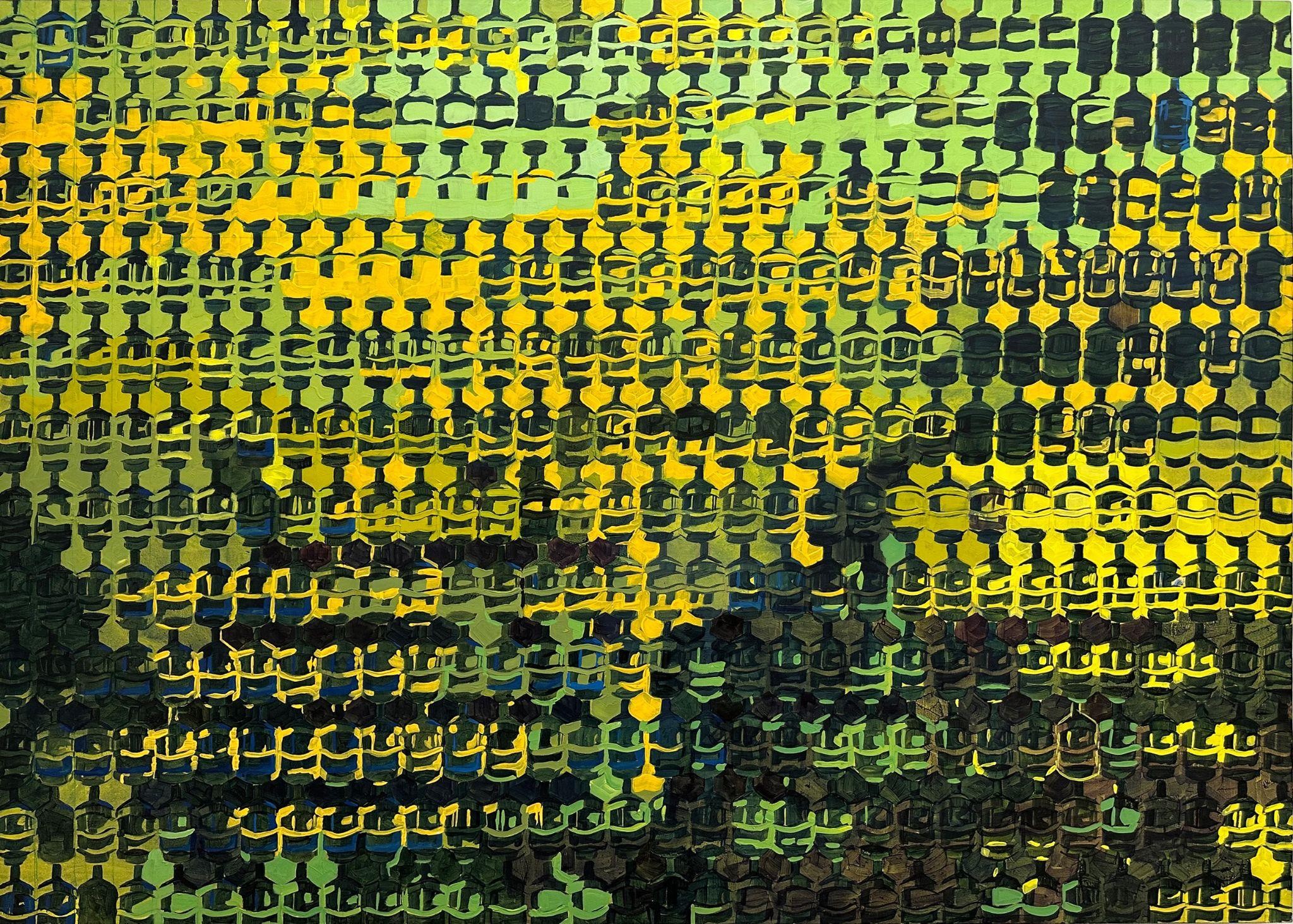 Acrylic painting: repeated household vessel shapes across a large canvas.