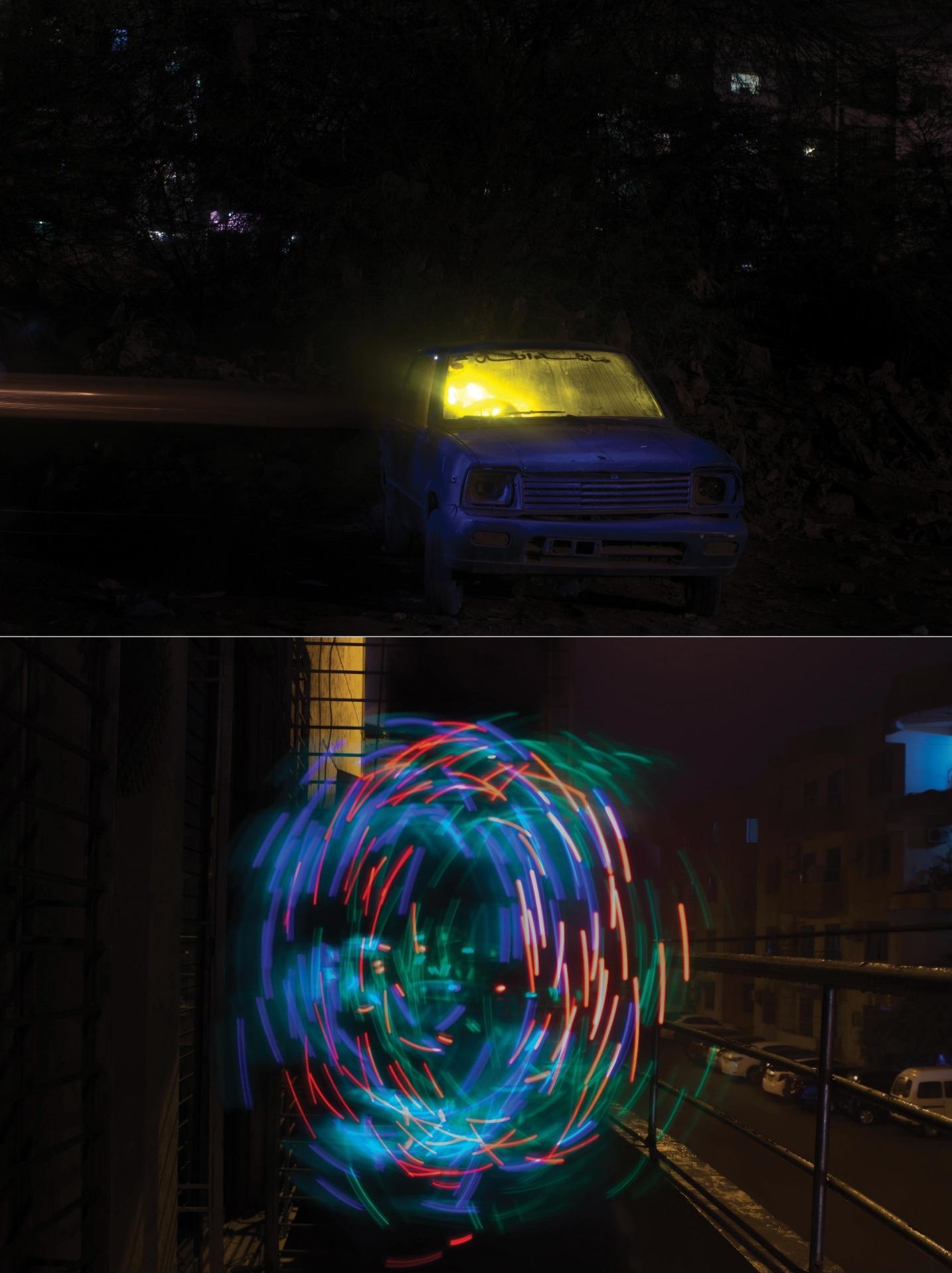 A van with headlamps burning in the dark, and a long-exposure spiral of coloured light on a balcony