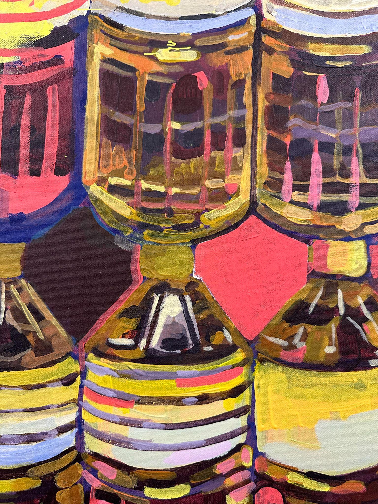 Detail: repeating vessel forms in yellow, pink, purple and dark brown, canvas texture visible.