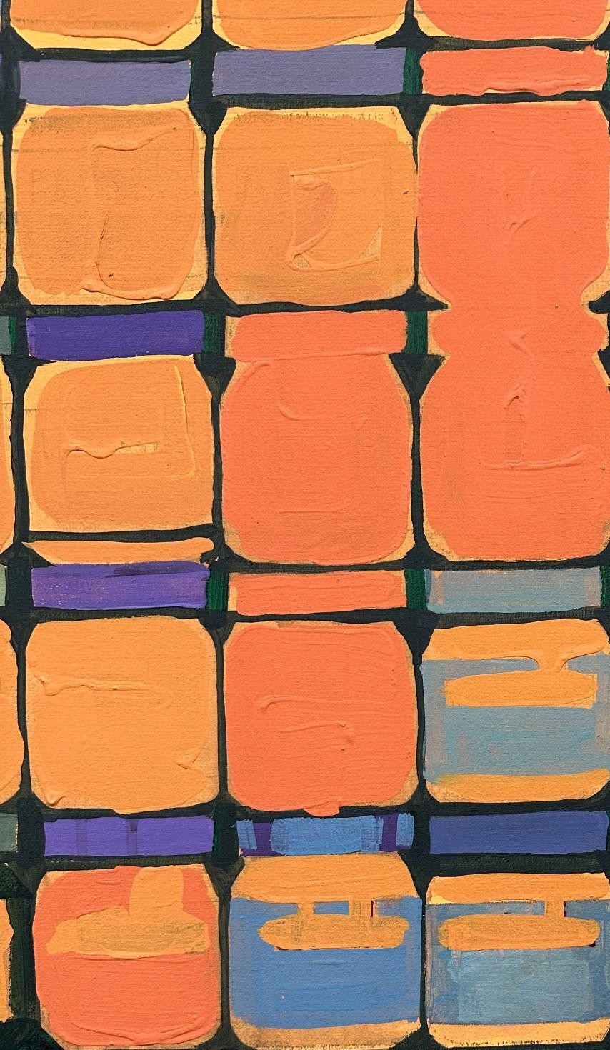 Second view of the painting: columns of orange and blue jar shapes.