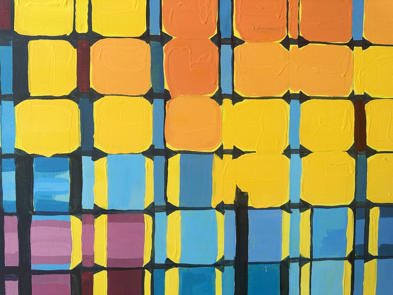 Installation view: two panels of colourful rounded jar shapes.