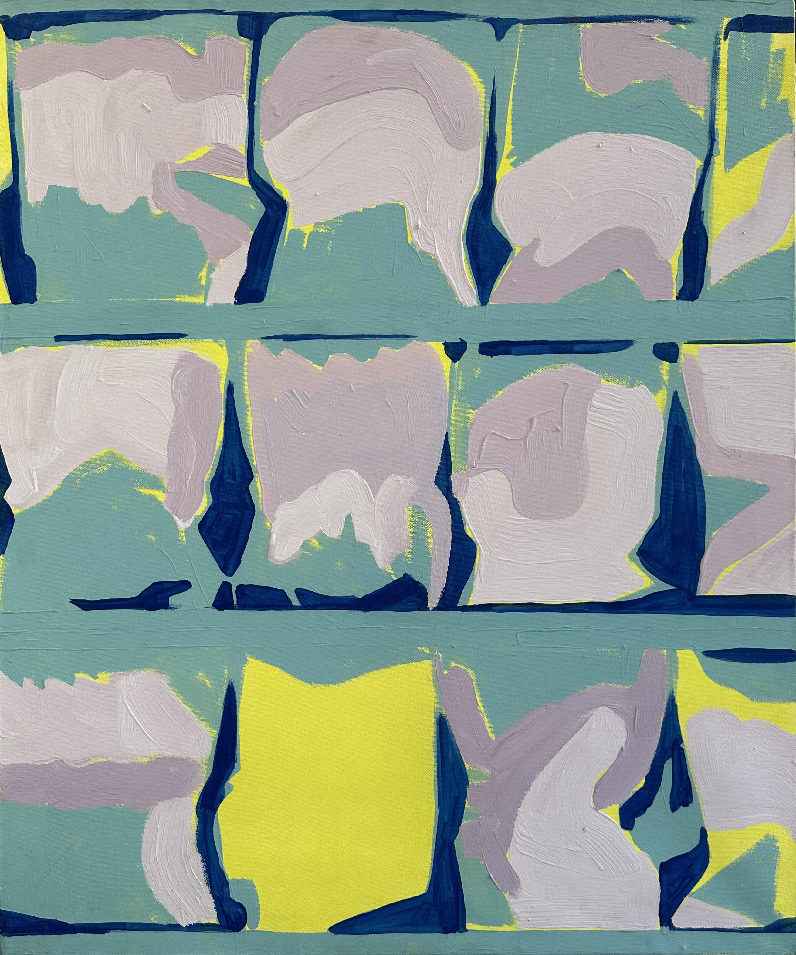 Acrylic painting: a grid of teal, lavender and yellow shapes.
