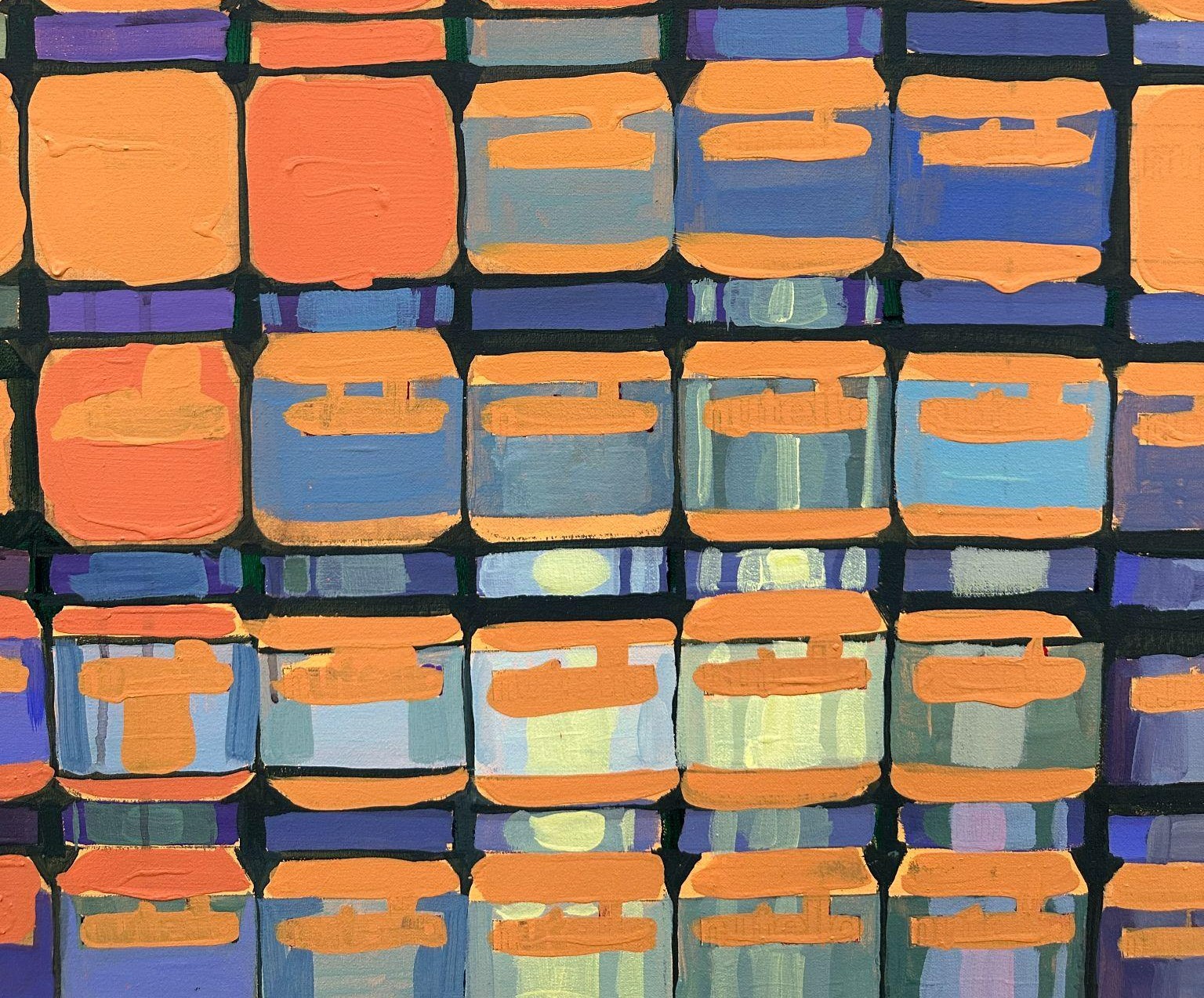 Detail of the painting: repeated orange and blue jars across the canvas.