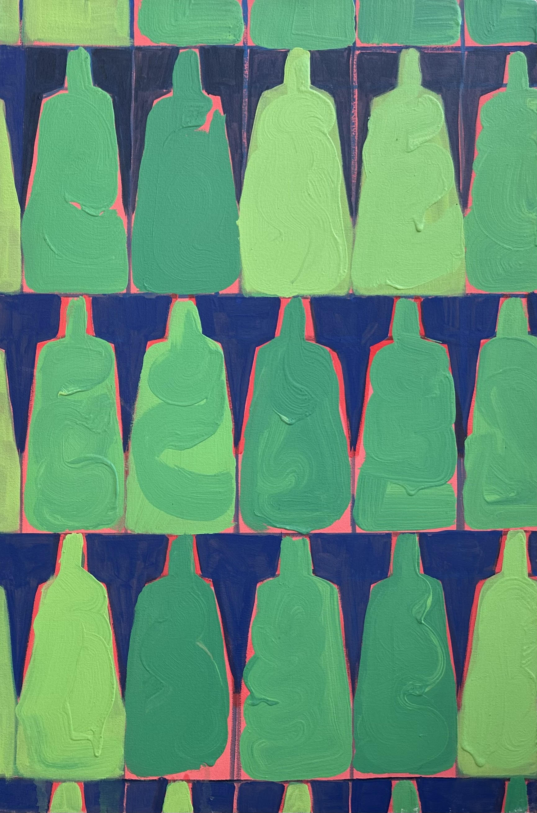 Acrylic painting: a grid of light and dark green bottle shapes on a blue ground.
