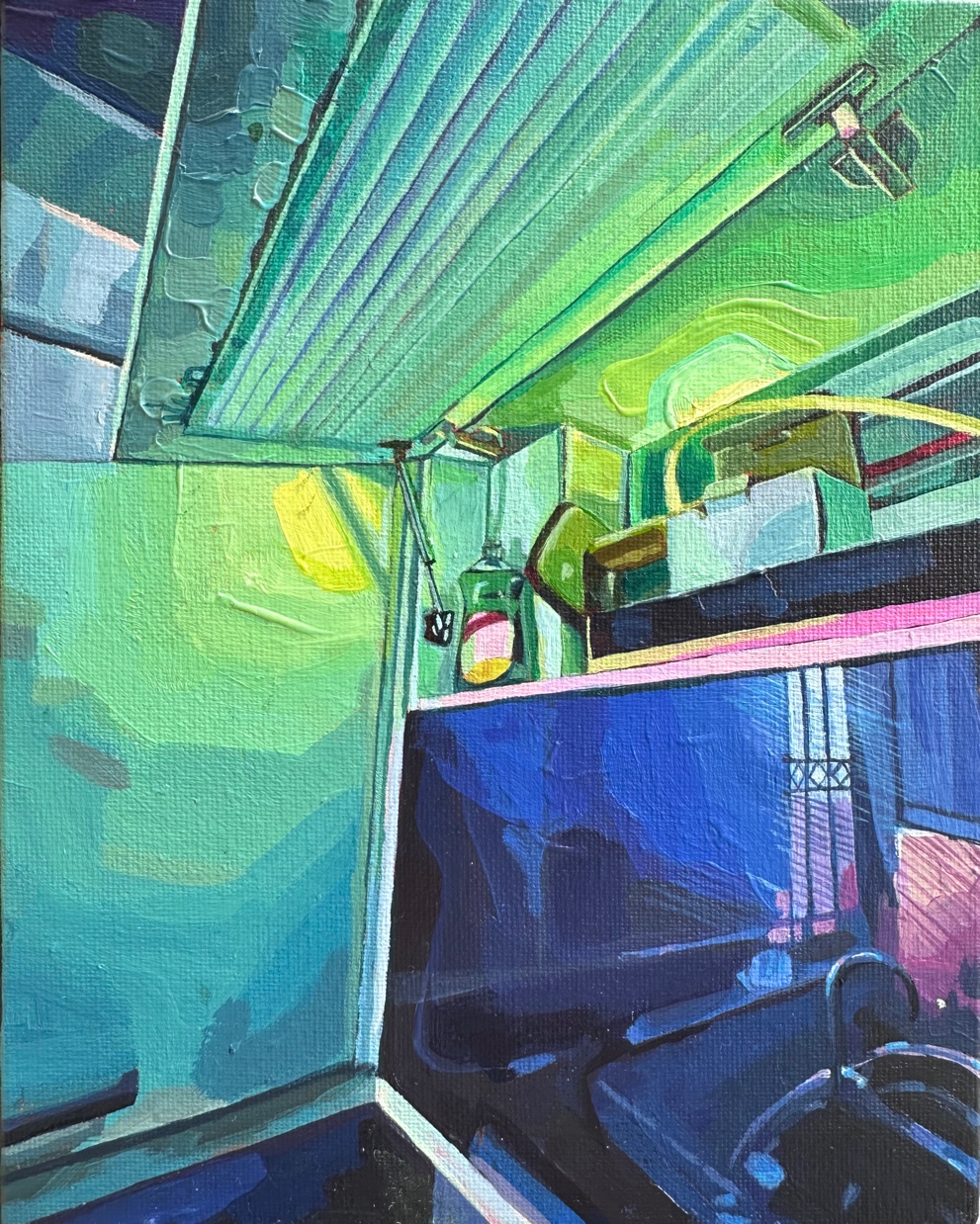 Small acrylic painting of an interior with green walls and a dark blue surface.