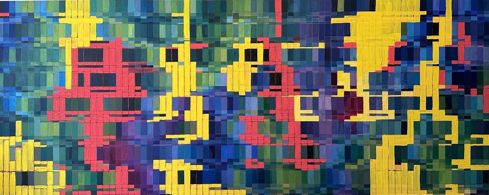 Woven grid painting in yellow, magenta, blue and green