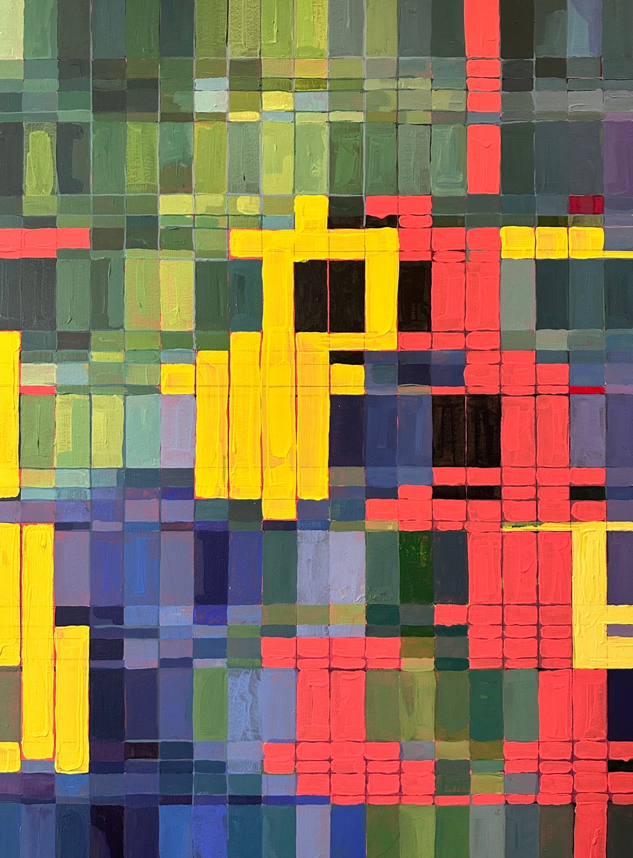 Detail: grid-like pattern in yellow, red, blue, green and purple.
