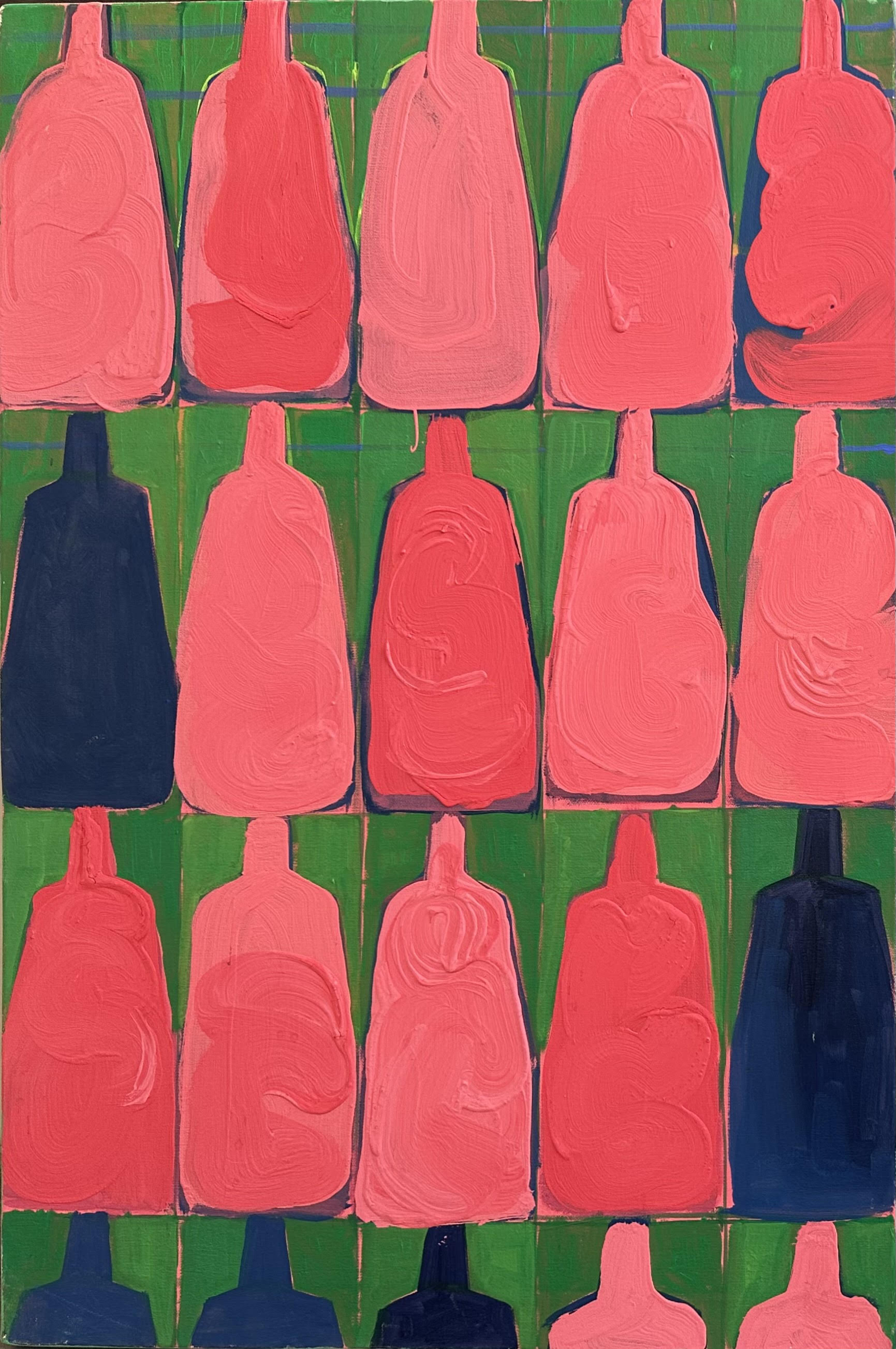Acrylic painting: a grid of pink and dark blue bottle shapes on a green ground.