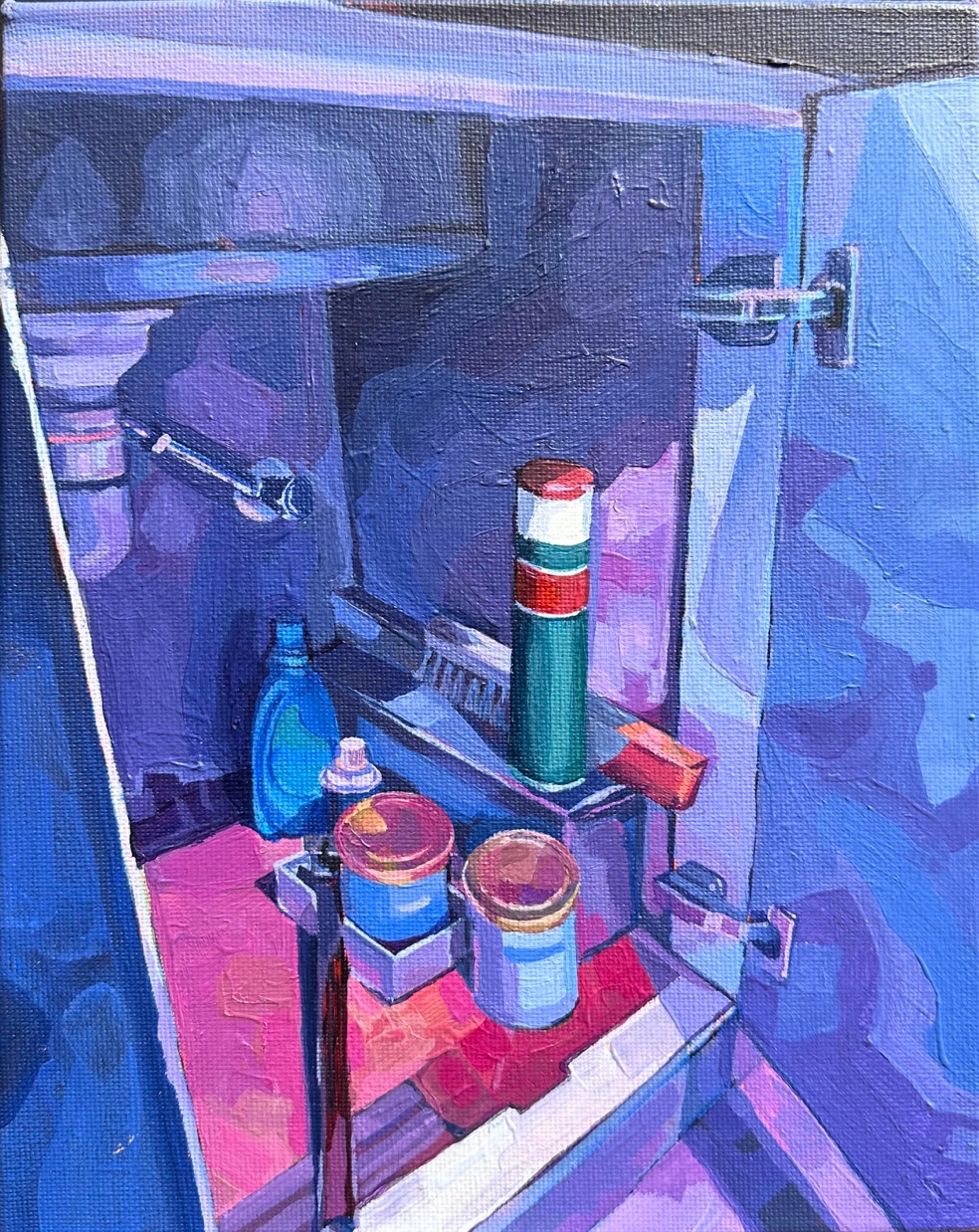 Small acrylic painting of the interior of a cabinet under a sink, holding bottles and containers.