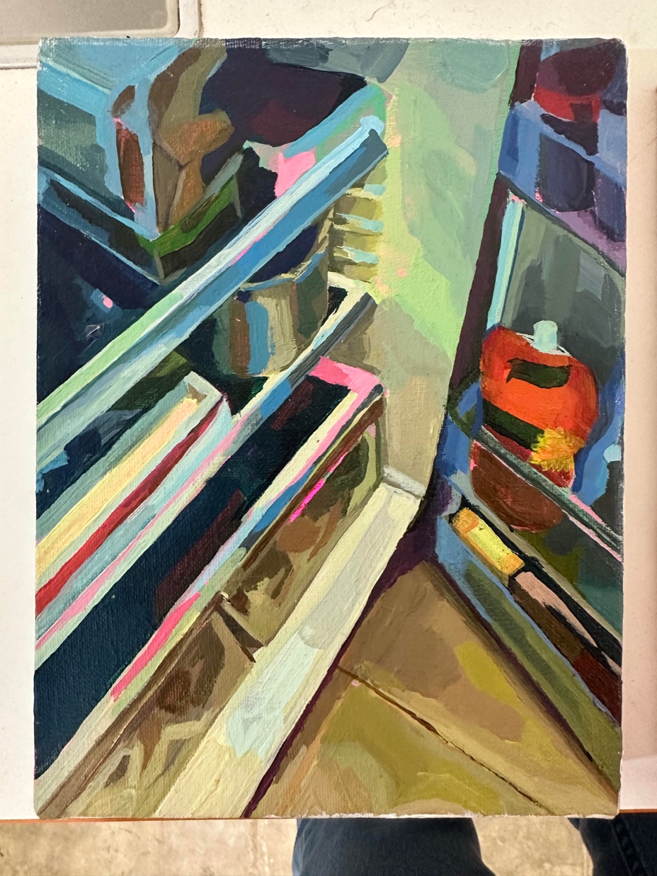 Small acrylic painting of the interior of a refrigerator.