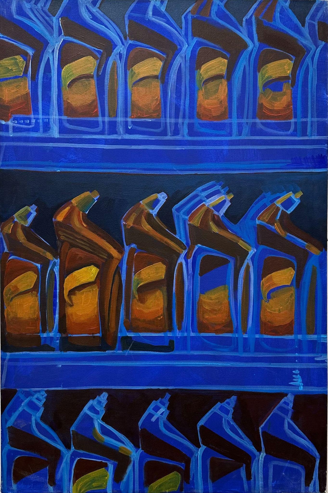 Acrylic painting of rows of bottles, repeated across the canvas.
