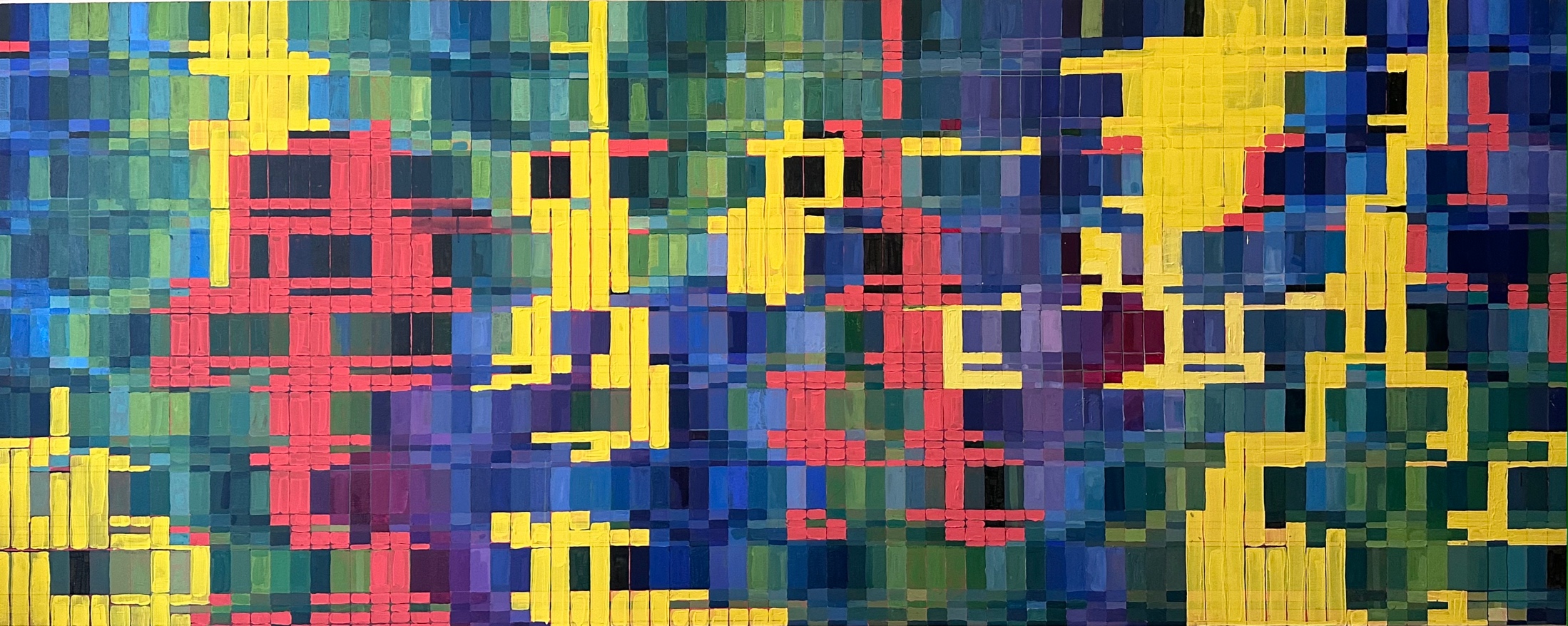 Wide acrylic painting: repeating grid-like forms running the length of the canvas.