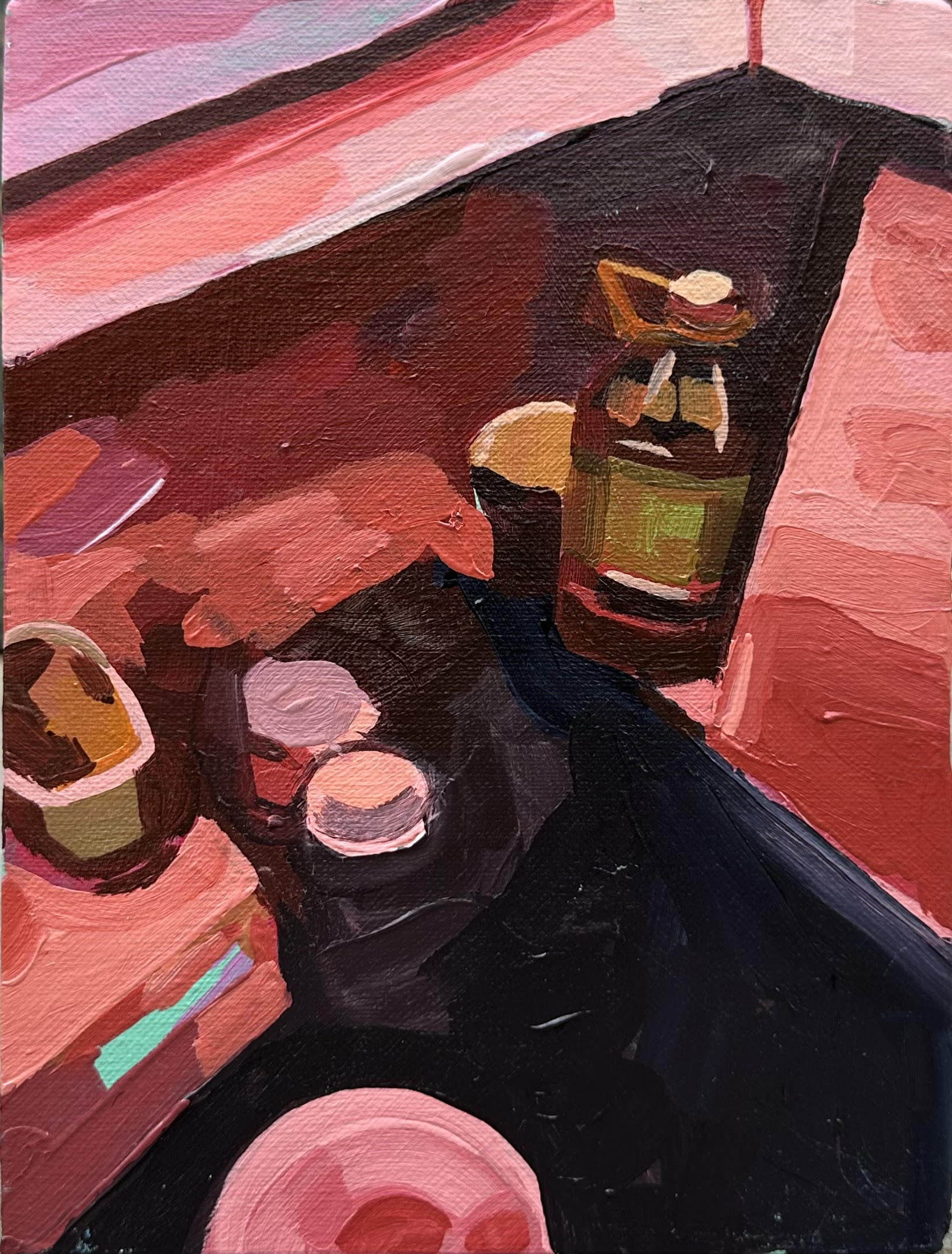 Small acrylic still life painted in shades of red and black.