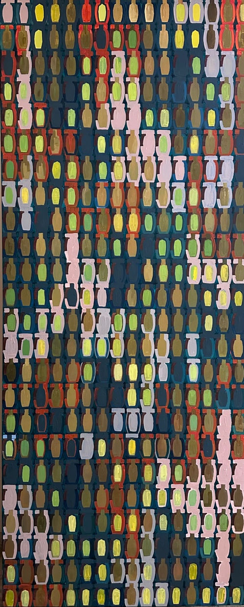 Long acrylic painting of repeating vessel-like shapes.
