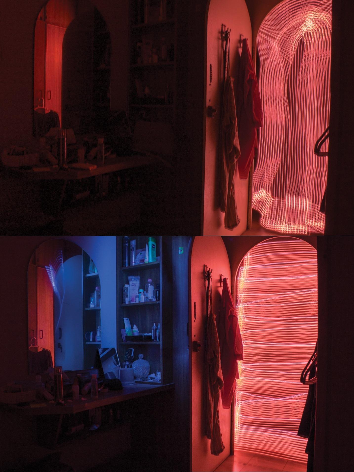 Two frames of an arched doorway and hanging coats with a spiral of red light traced across the wall