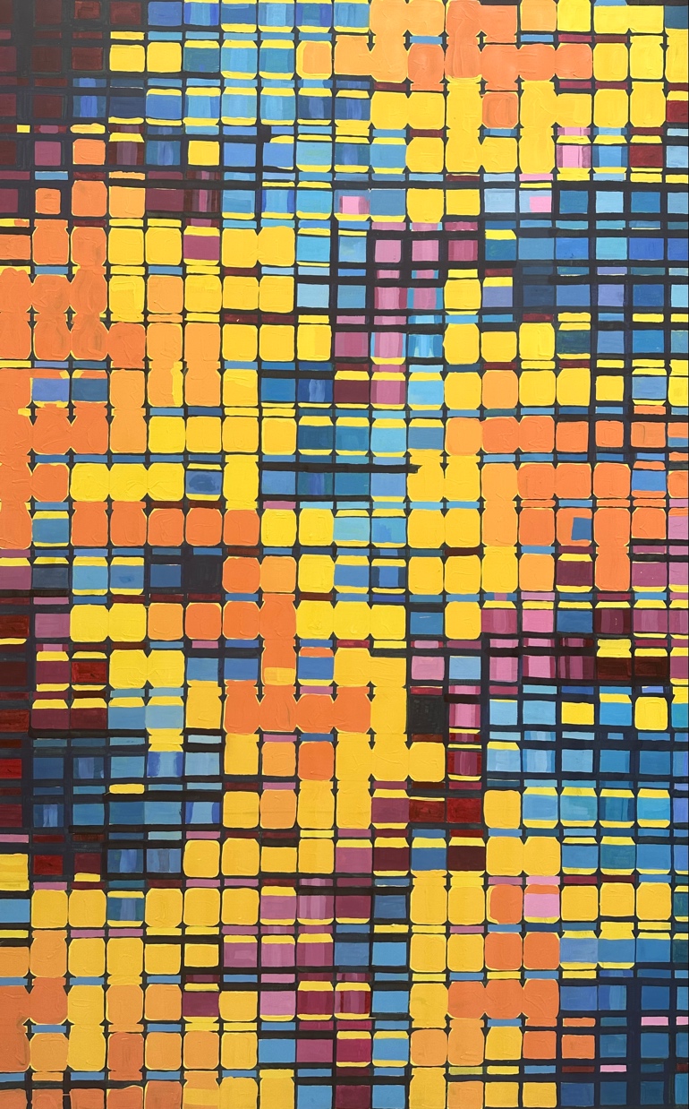 Acrylic painting: a grid of yellow, orange, blue and pink jar shapes.