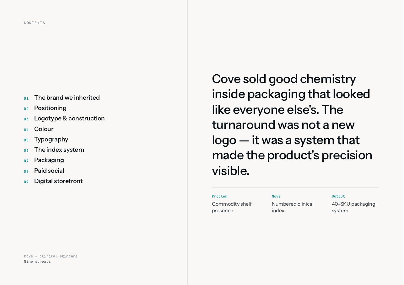 Cove deck page 2 — Contents and the one-paragraph brief