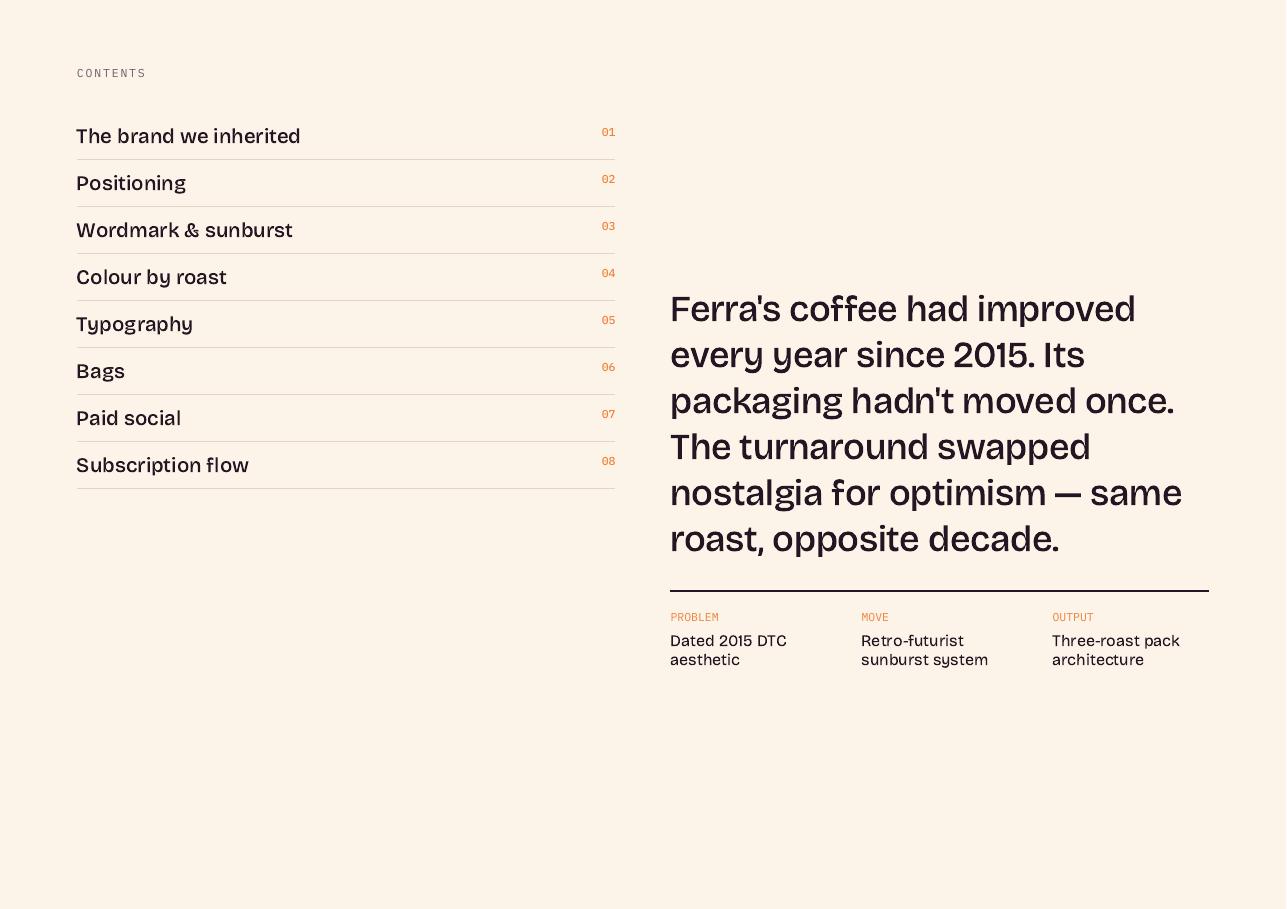 Ferra deck page 2 — Contents and the one-paragraph brief