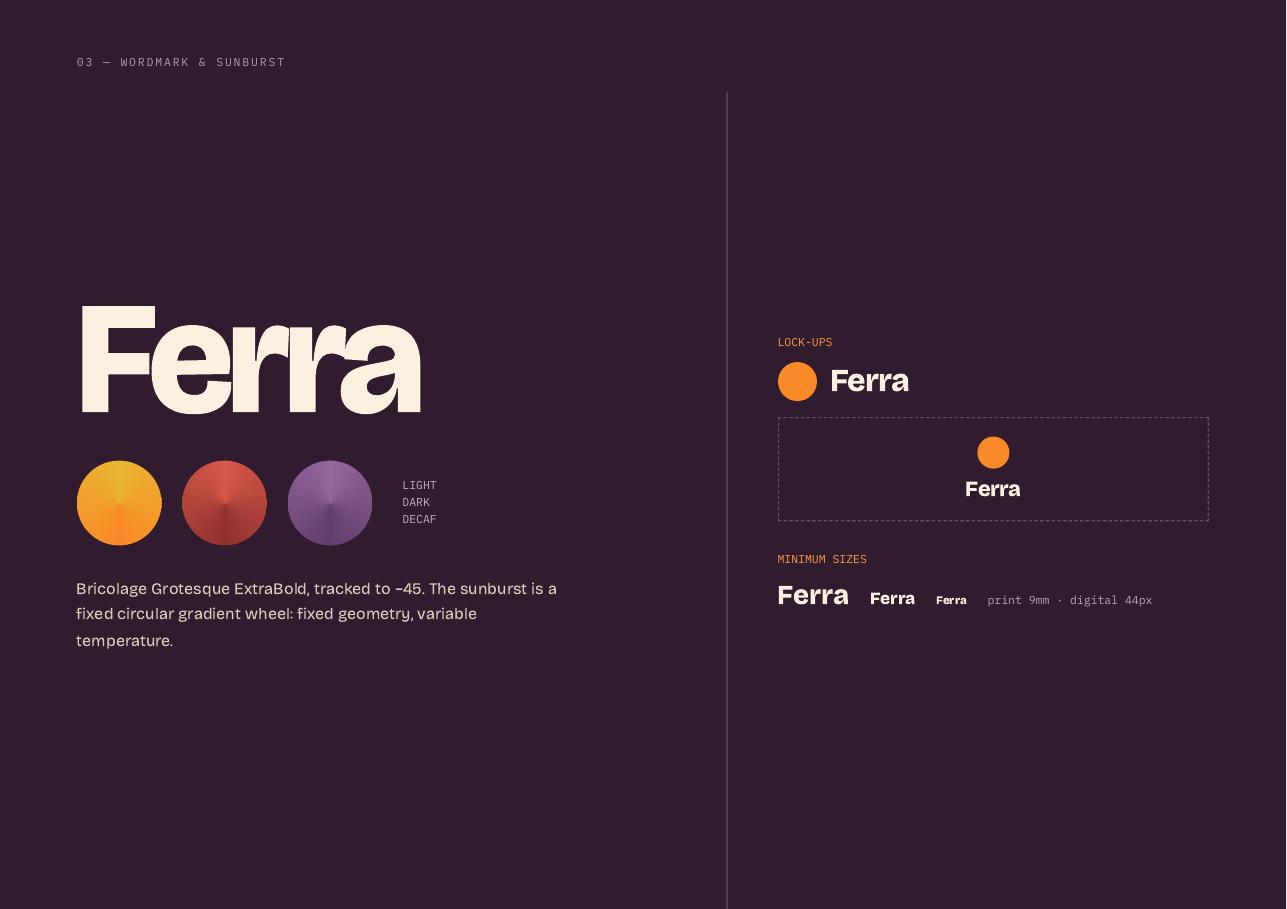 Ferra deck page 5 — 03 — Wordmark and sunburst