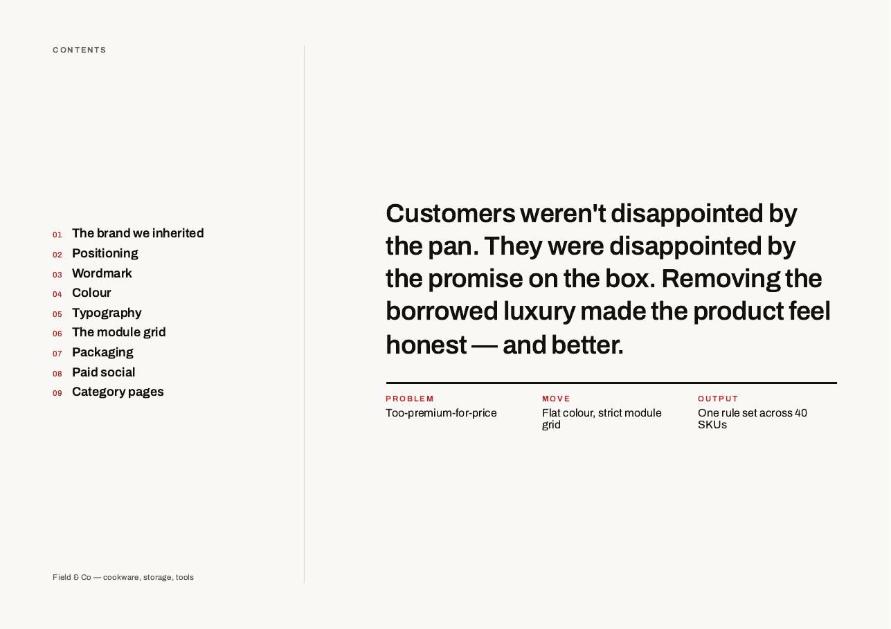 Field & Co deck page 2 — Contents and the one-paragraph brief