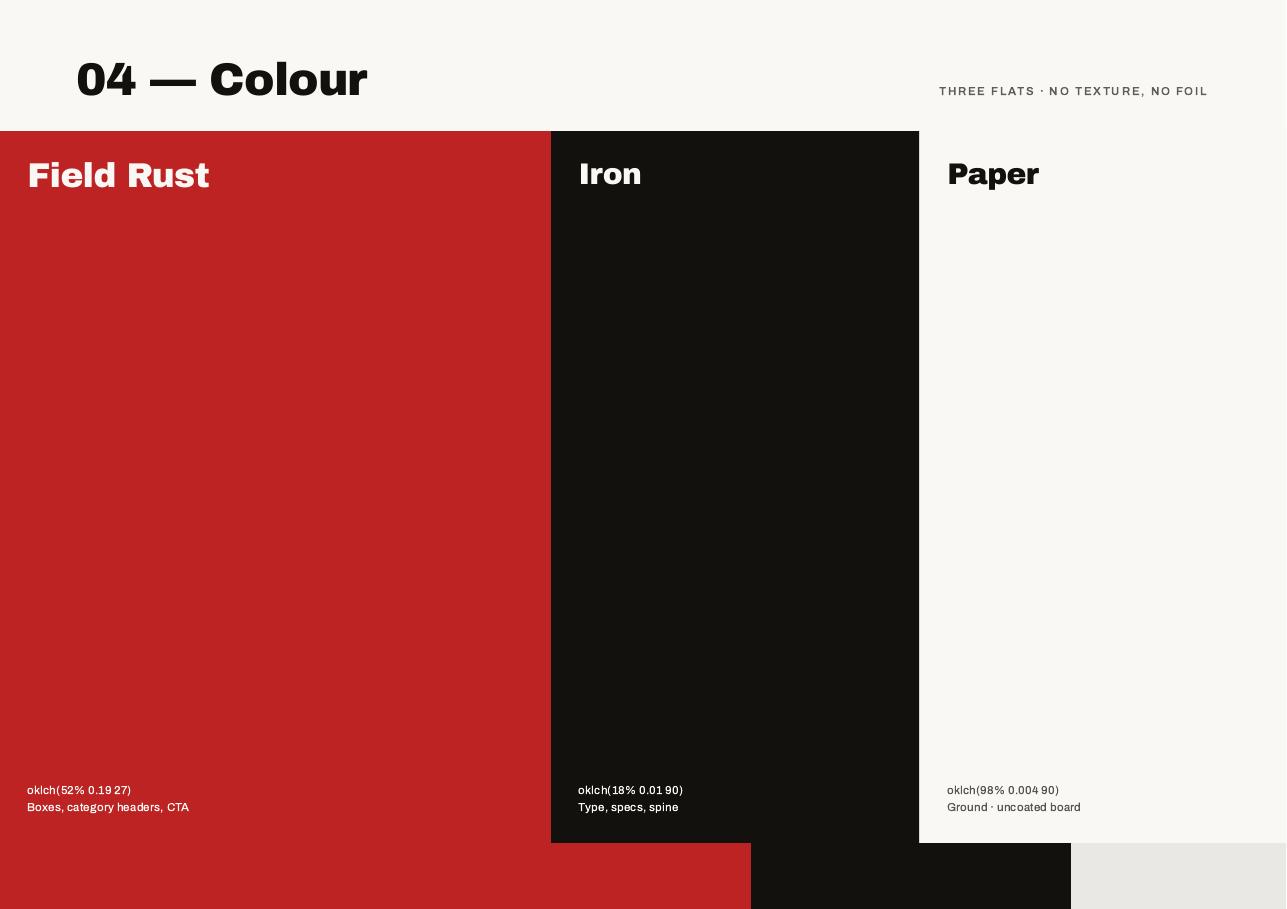 Field & Co deck page 6 — 04 — Colour: three flats, no texture