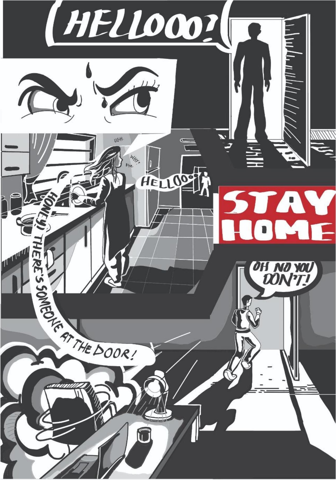 Comic page one: a woman at the kitchen sink hears knocking, a silhouette stands in the open doorway, a red STAY HOME poster, and a figure runs down the hall shouting oh no you don't.
