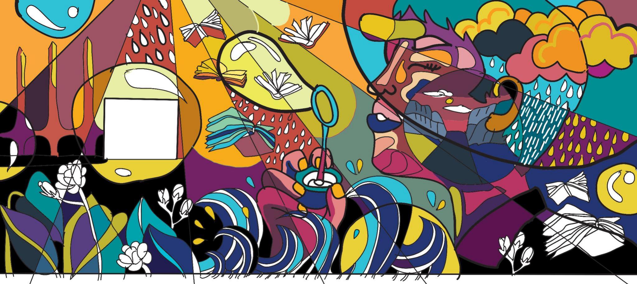 Digital mural design in hot carnival brights — tangerine, magenta, teal and yellow: a girl in round glasses blowing bubbles in a garden, with books, rain clouds, leaves and a blank window shape drawn in flat colour and hard black line.