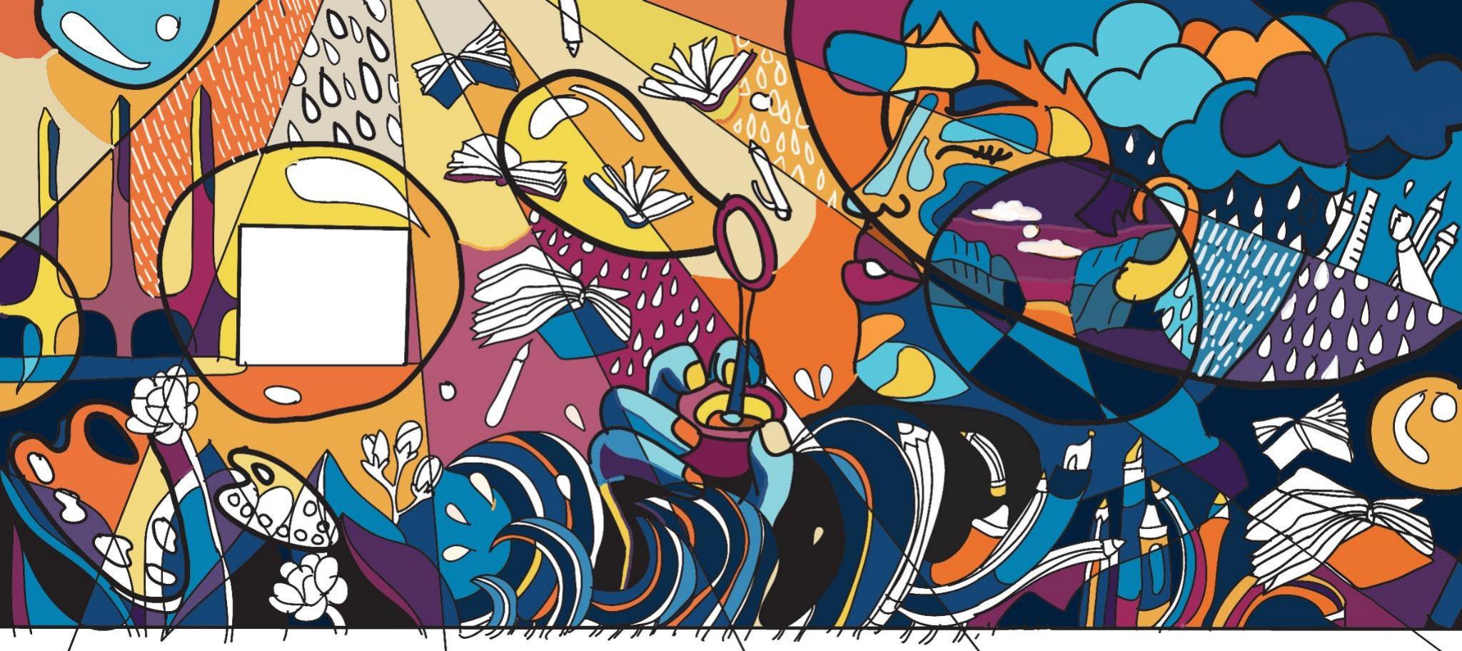 Digital mural design in warm coral and gold against a deep navy night: a girl in round glasses blowing bubbles in a garden, with books, rain clouds, leaves and a blank window shape drawn in flat colour and hard black line.