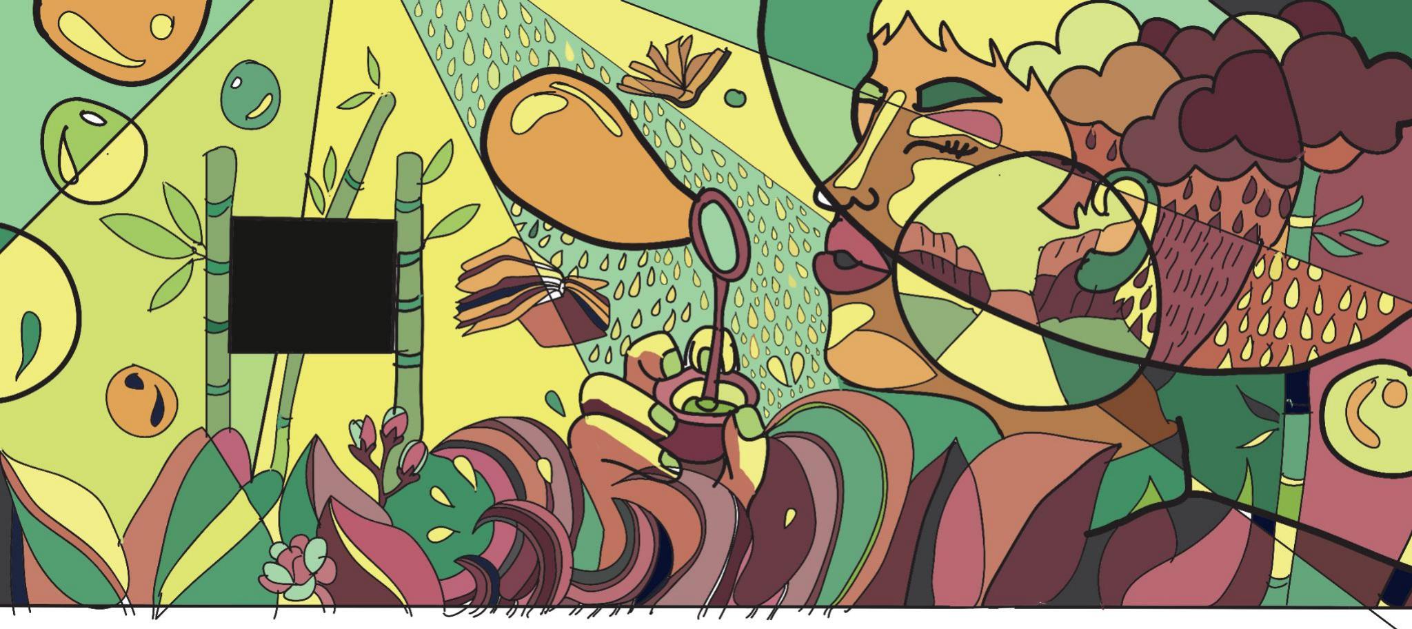 Digital mural design in sage green, lime and clay with bamboo stems: a girl in round glasses blowing bubbles in a garden, with books, rain clouds, leaves and a blank window shape drawn in flat colour and hard black line.
