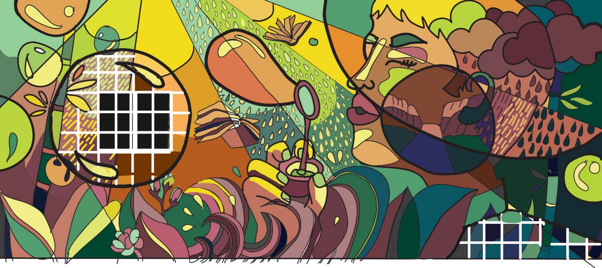Digital mural design in ochre and olive with a grid window and dark foliage: a girl in round glasses blowing bubbles in a garden, with books, rain clouds, leaves and a blank window shape drawn in flat colour and hard black line.
