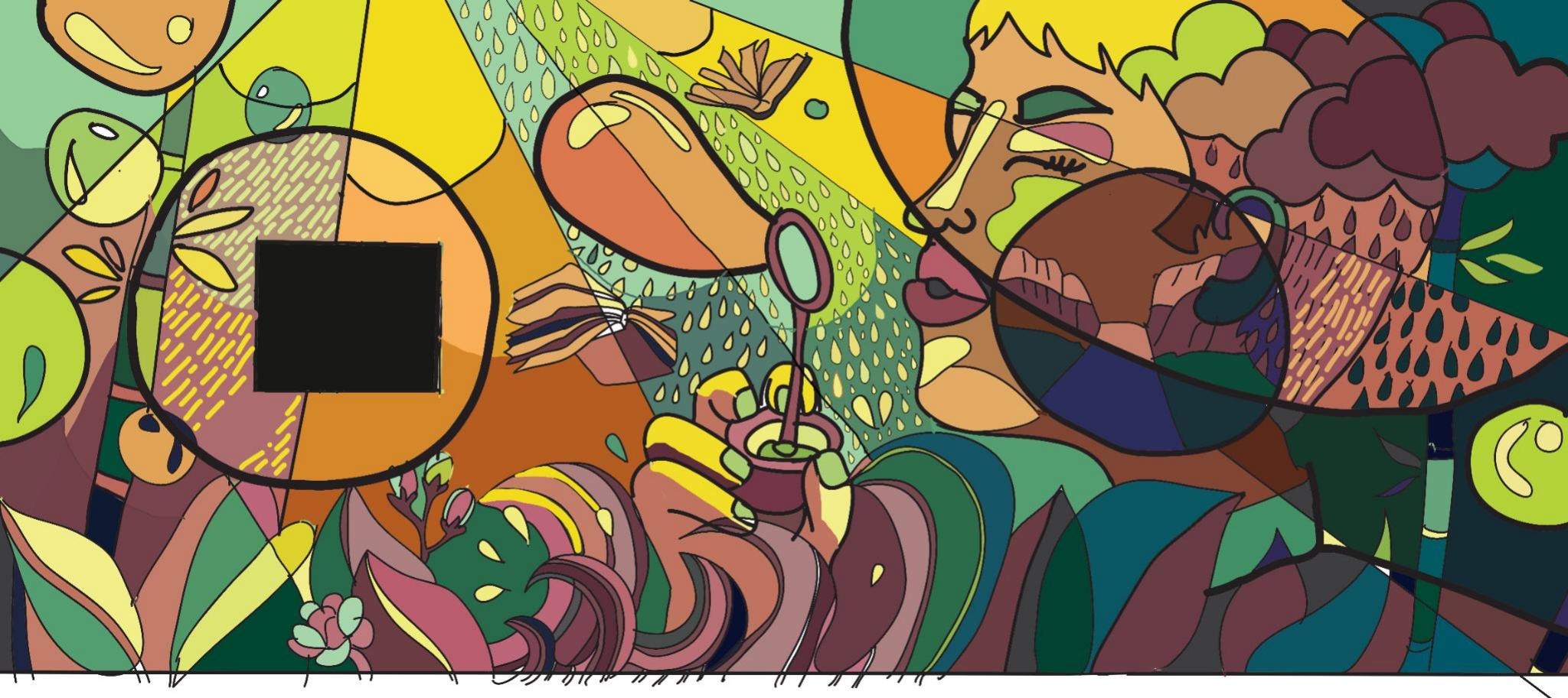 Digital mural design in acid yellow and forest green with a black window panel: a girl in round glasses blowing bubbles in a garden, with books, rain clouds, leaves and a blank window shape drawn in flat colour and hard black line.