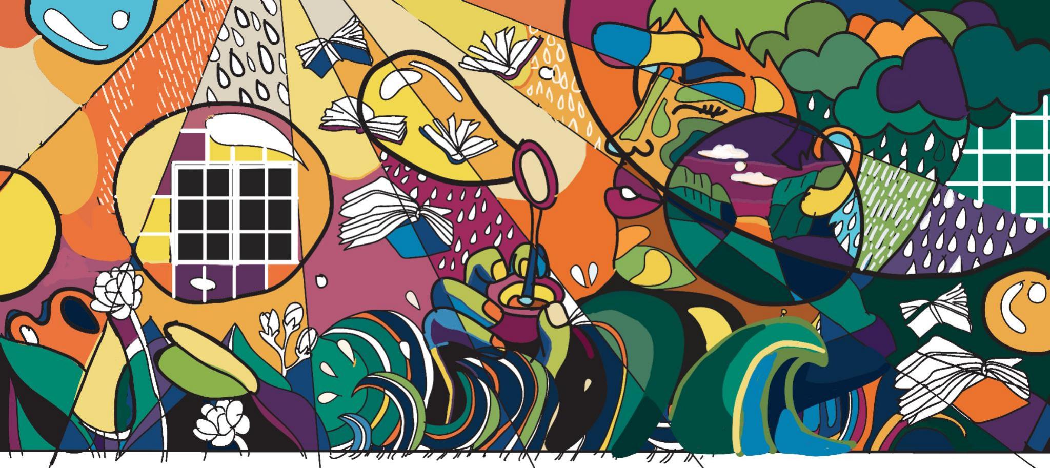 Digital mural design in plum, teal and butter yellow with a pale gridded window: a girl in round glasses blowing bubbles in a garden, with books, rain clouds, leaves and a blank window shape drawn in flat colour and hard black line.