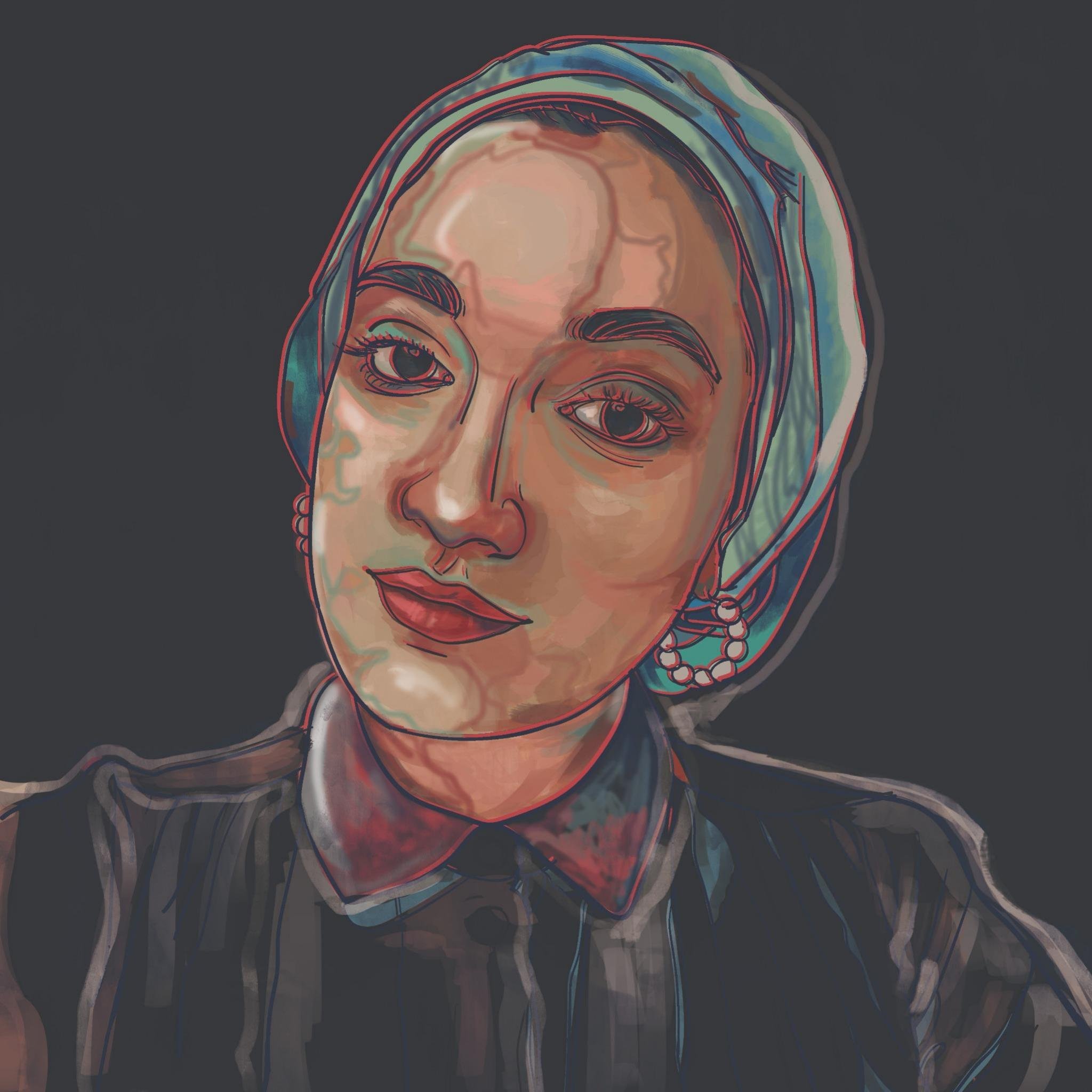 Digital painting of a young woman in a mint and teal headscarf and a dark striped collared shirt, painted in warm skin tones with a doubled red-and-black contour line against a near-black background.
