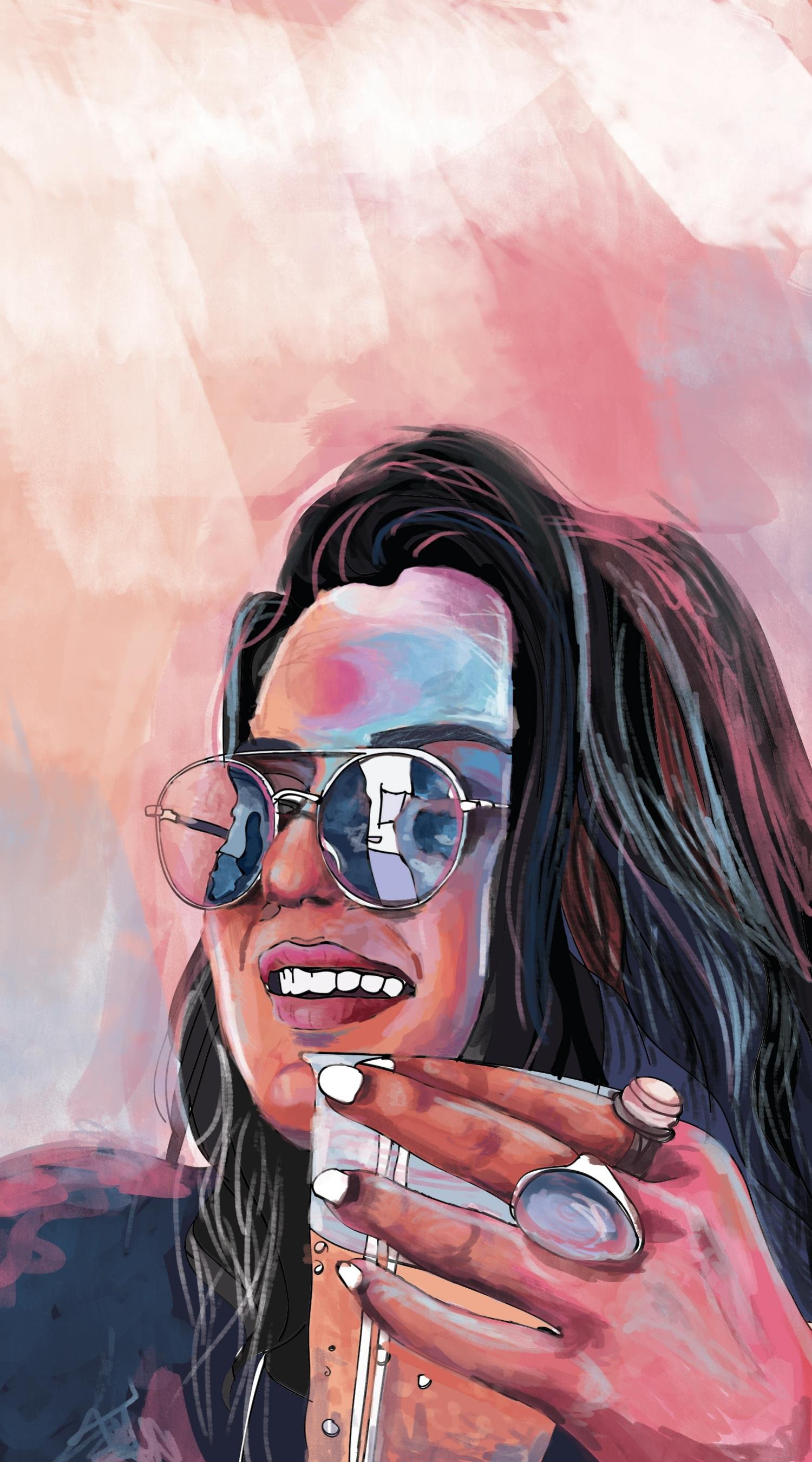 Digital self-portrait of a woman in round sunglasses, hand raised to her chin with rings on her fingers, painted in peach, pink and slate blue brush marks over hard black line.