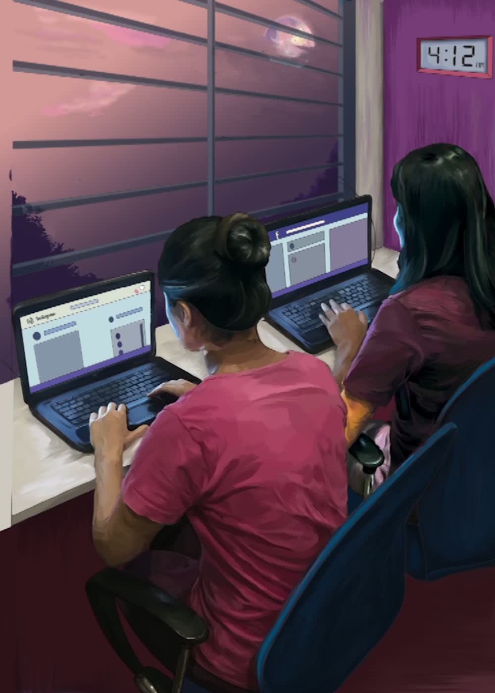 Painted poster of two women seen from behind at laptops in a purple room at 4:12 in the morning, social feeds on both screens, dawn light through window blinds