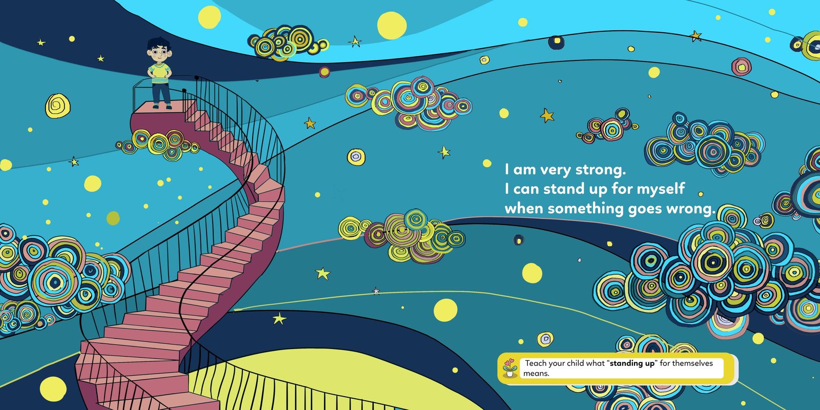 Hadi standing at the top of a long pink staircase under a deep blue sky of swirling circles.