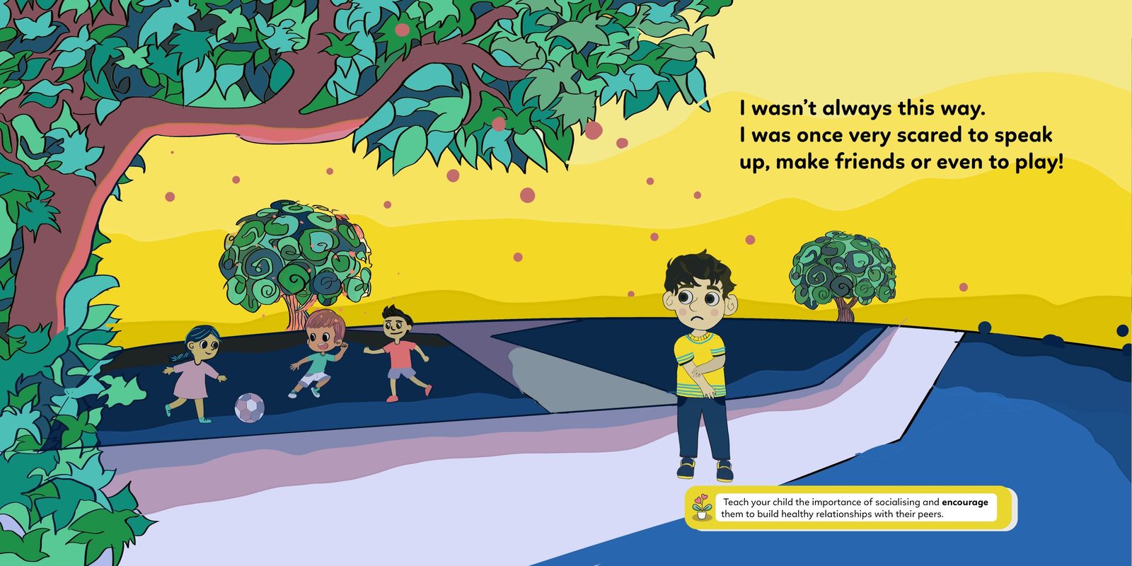 Hadi alone under a tree while other children play ball on a yellow field.