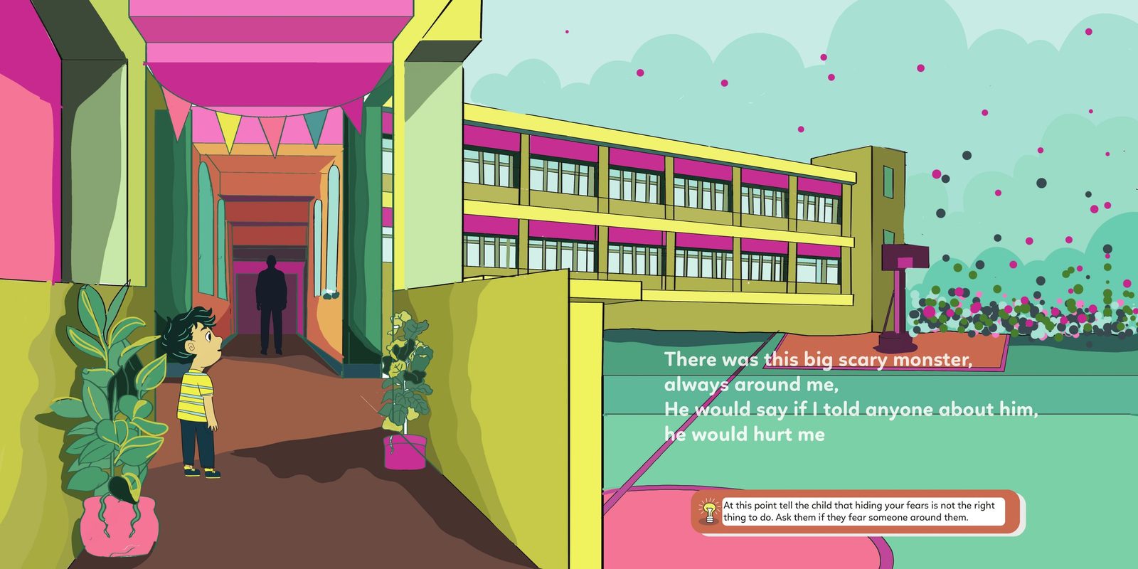 A dark faceless silhouette waits in a pink and yellow school corridor as small Hadi looks up at it.