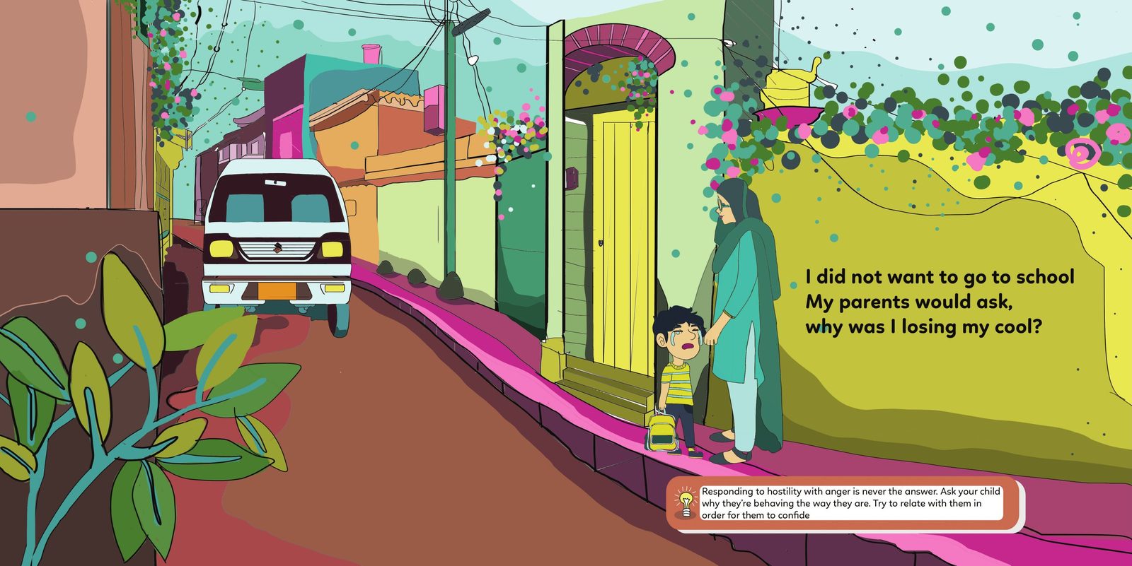 Hadi clinging to his mother on a green street as the school van arrives.