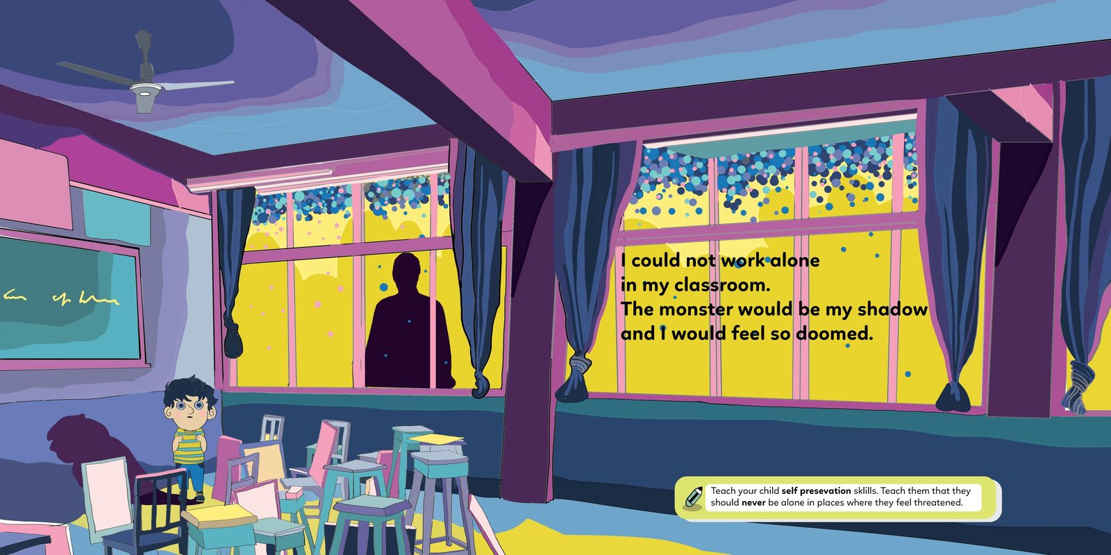Hadi alone at a desk in an empty violet classroom with the monster's at the window.