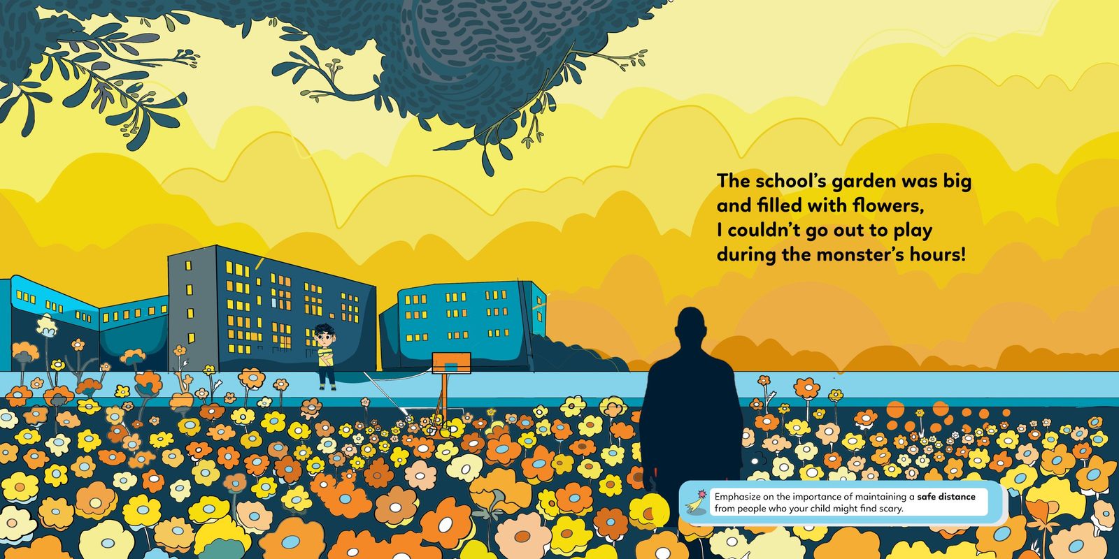 A wide field of orange and yellow flowers with the monster's silhouette between Hadi and the school.