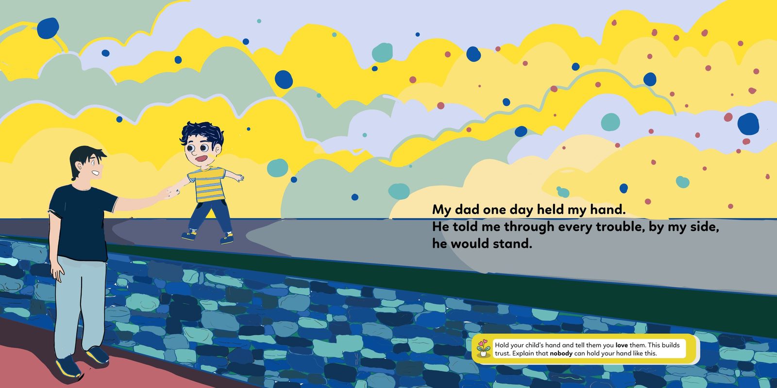 Hadi's father holding his hand as they walk along a blue tiled wall.