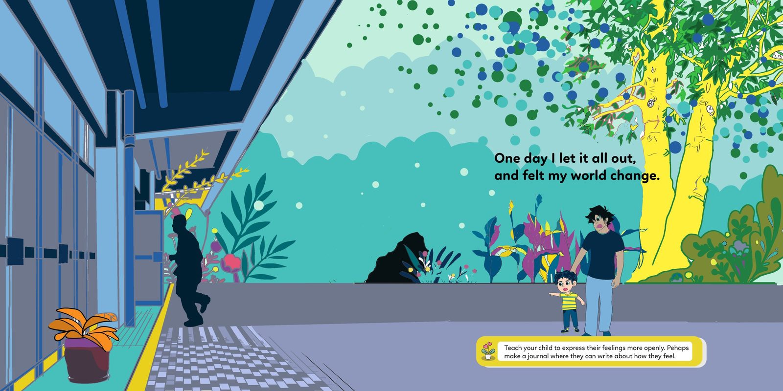 Hadi and his father in a school corridor as the monster crouches, defeated, in the garden.