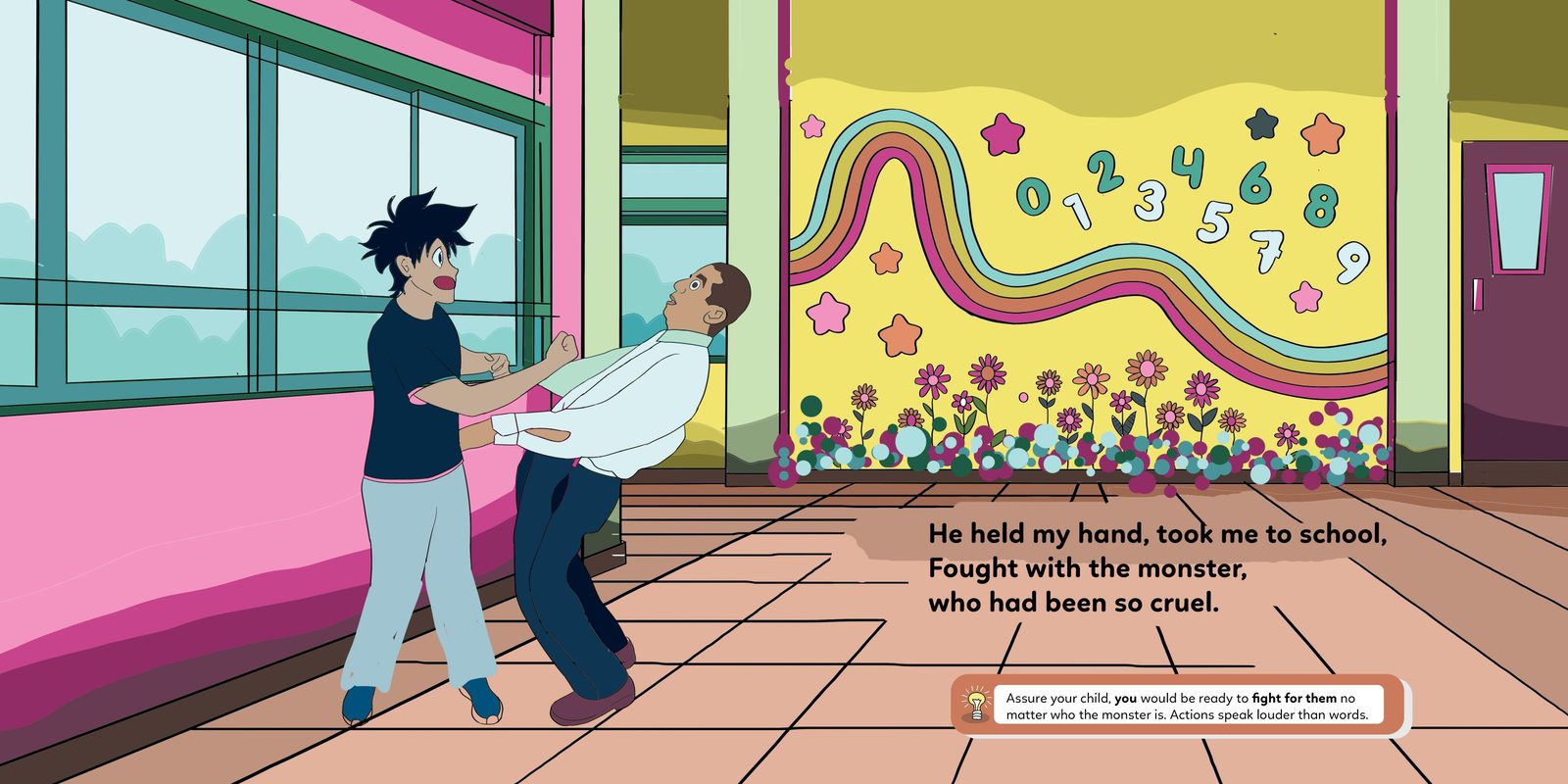 Hadi's father confronting a man in the school corridor beside a painted number wall.