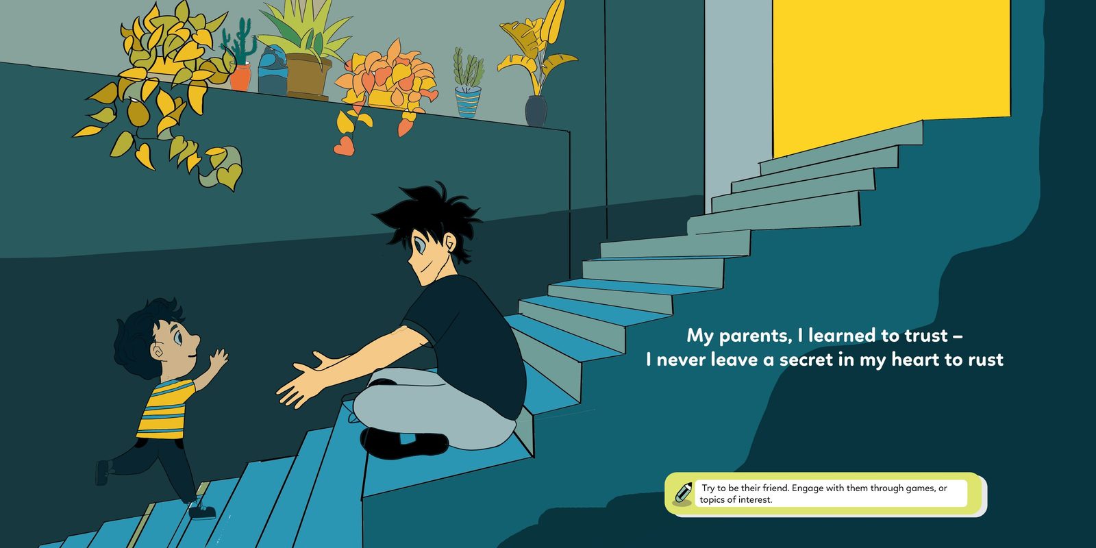 Hadi running down steps into his parent's open arms.