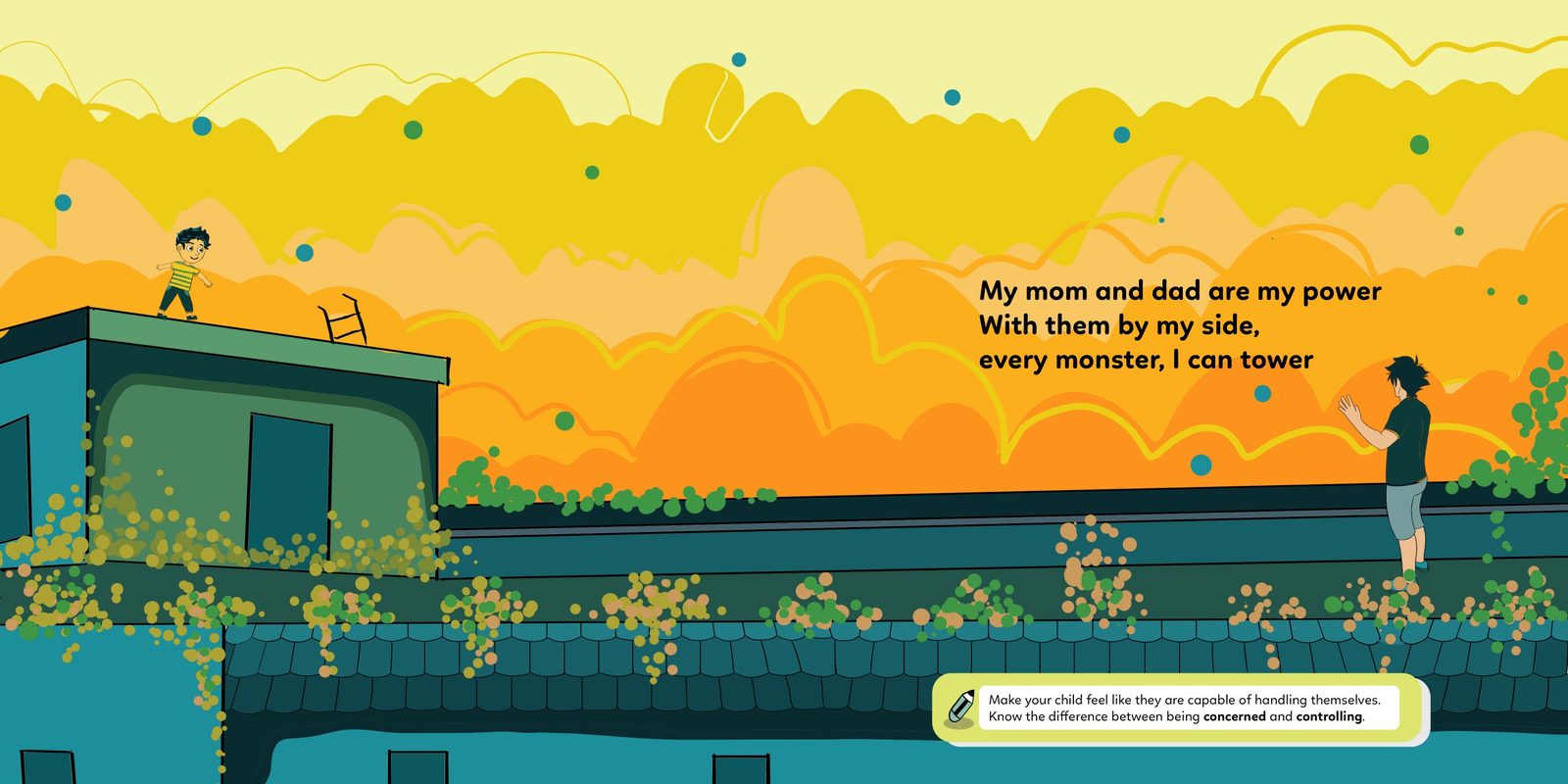 Hadi on a rooftop at sunset with a parent watching from the other side.